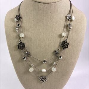 Vintage Multi-Strand Necklace Silver Tone Christmas Winter 19" Snowflake Beaded